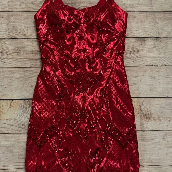 b darlin red sequin dress B. Darlin Halter Neck Sequin Patterned Bodycon Dress